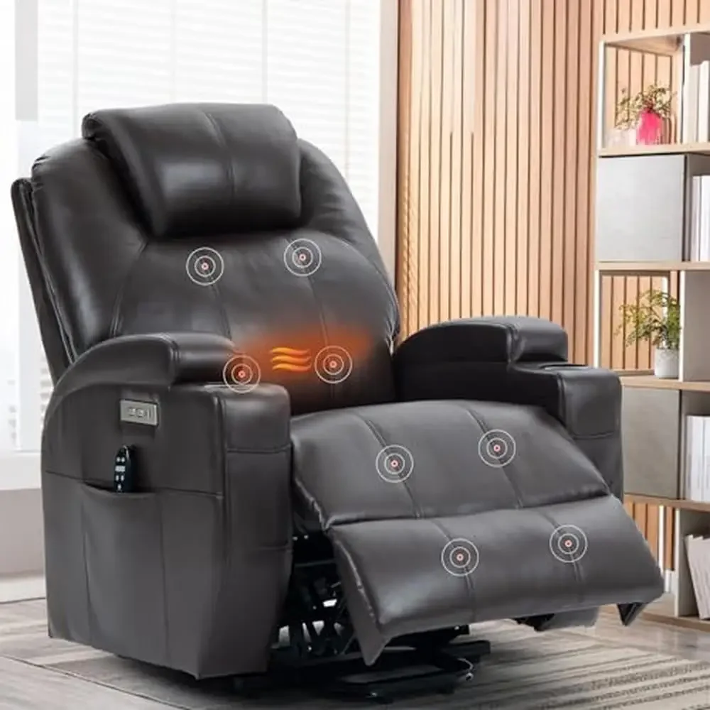 Electric Power Lift Recliner Chair PU Leather with Massage Heating USB Ports Cup Holders Wing Back Adjustable Lumbar Height