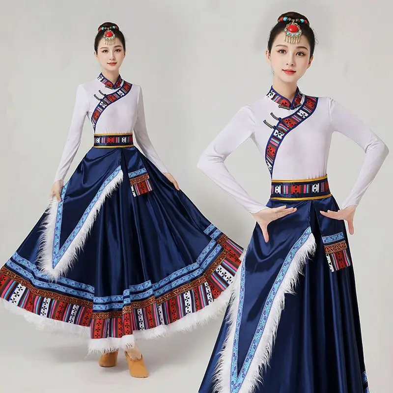 Tibetan dance big skirt new style female minority art examination costume ethnic style adult dance performance costume set