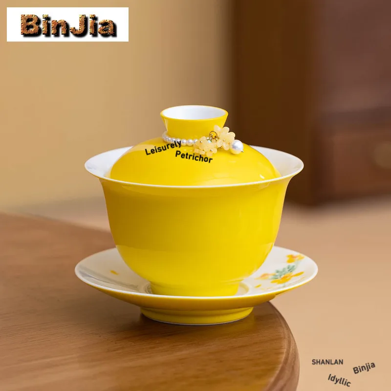 

120 мл Ручная роспись Rape Flower Gaiwan Ретро Чайная подставка Чайная чаша с крышкой Набор Чайник Крышка Чаша Кунг-Фу Чайный сервиз Украшения