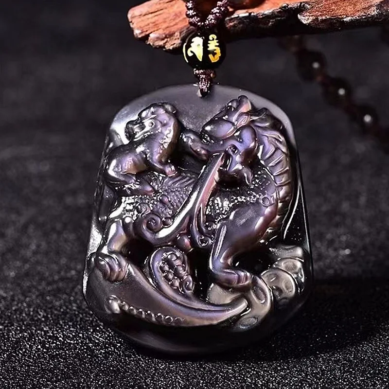 Rough StoneObsidian Kylin Animal Year Necklace Men's Women's Pendant Mother and Child Kirin Guardian Mascot