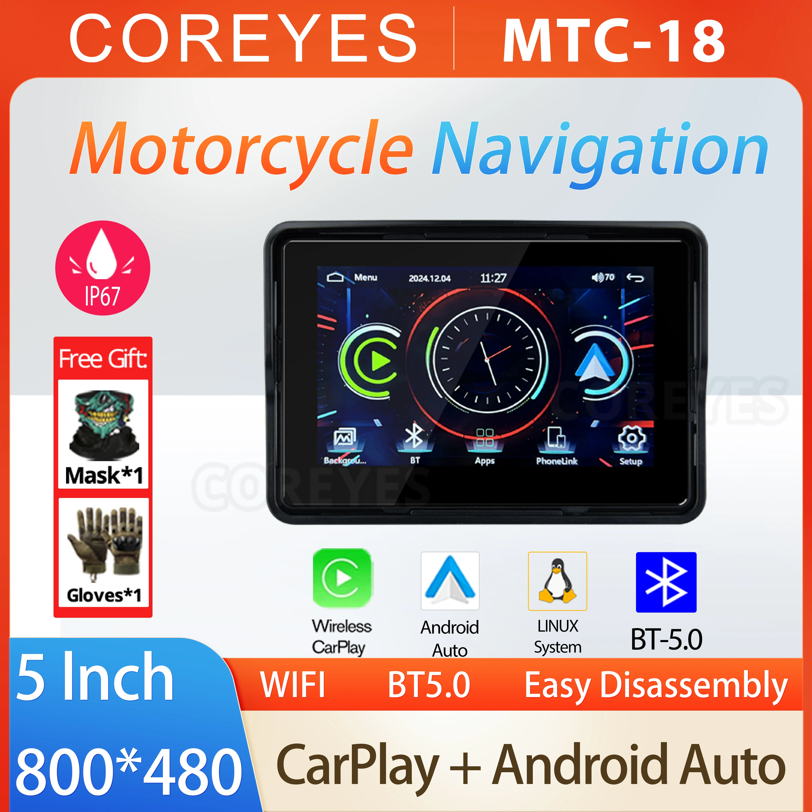 

COREYES Motorcycle Navigation MTC-18 DVR Waterproof Screen Wireless Carplay Android Auto BT Multifunctional Monitor