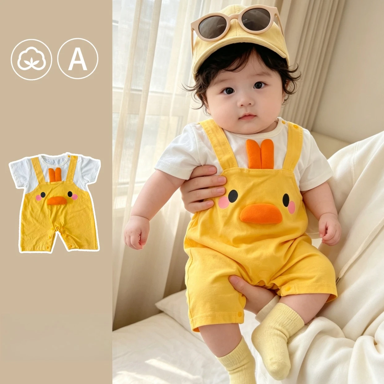 ZOETOPKID Newborn Rompers Cute Animal Print with Yellow Fake Suspenders Baby Clothing Boys and Girls Short-Sleeve Bodysuit
