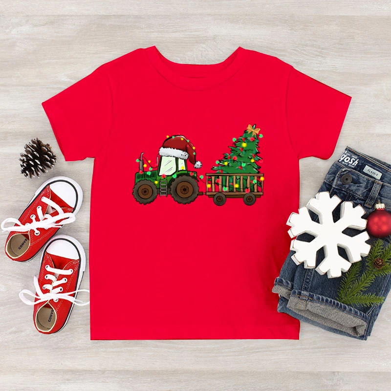 Tractor Farm Christmas Tree Print Boys Girls T-Shirt Funny White Black Red Xmas Gifts Tees Merry Christmas Cartoon Kids Tshirt