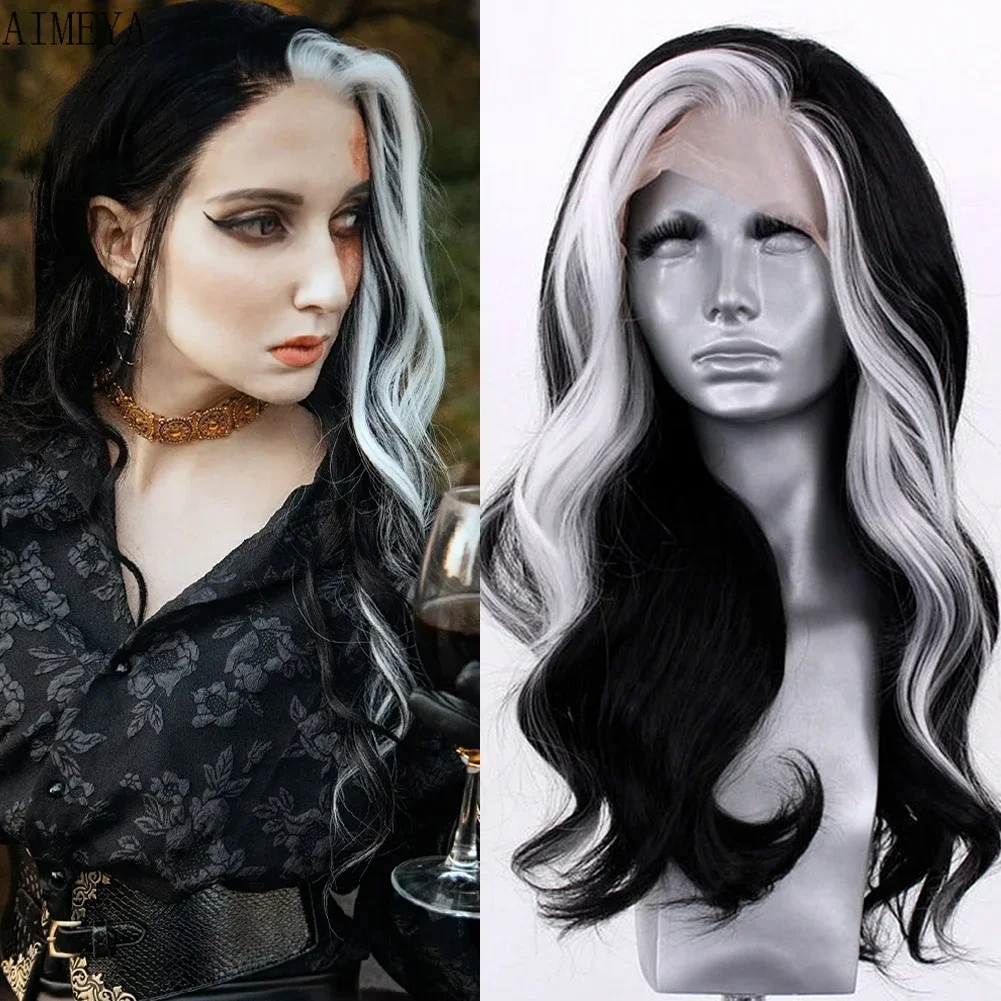 

Long Highlight Wig 13X4 Synthetic Lace Front Wig For Women Body Wave Lace Wigs White And Black Ombre Pre Plucked Cosplay Wig