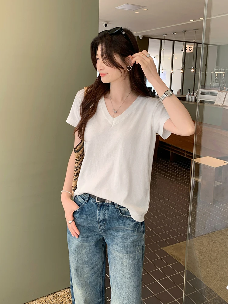 Korean Style Loose Fit Cotton V-Neck Short Sleeve T-Shirt Women's Summer New Fashion Absorb Sweat And Breathable Top