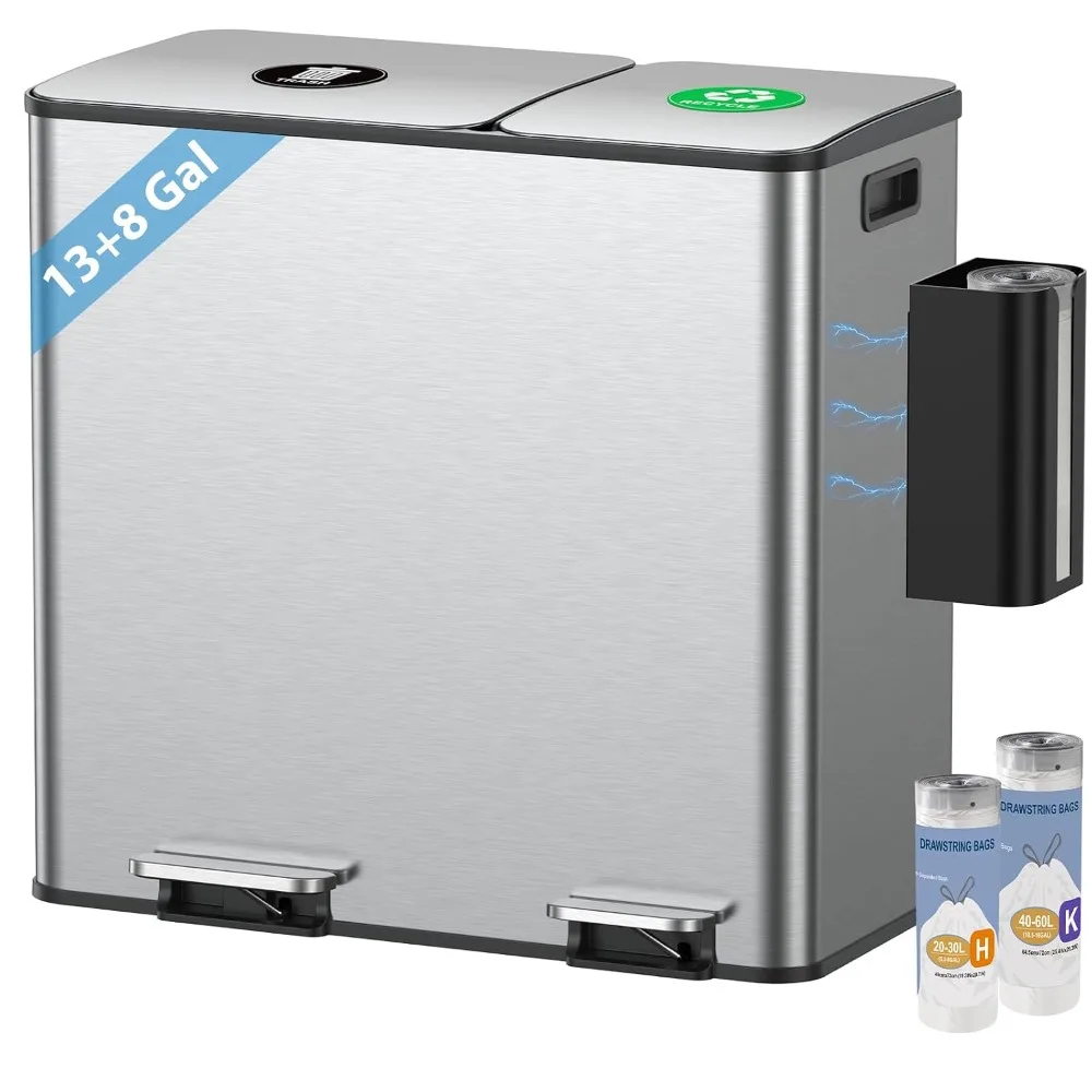 Dual Trash and Recycling Bins for Kitchen 13 and 8 Gallon Silver