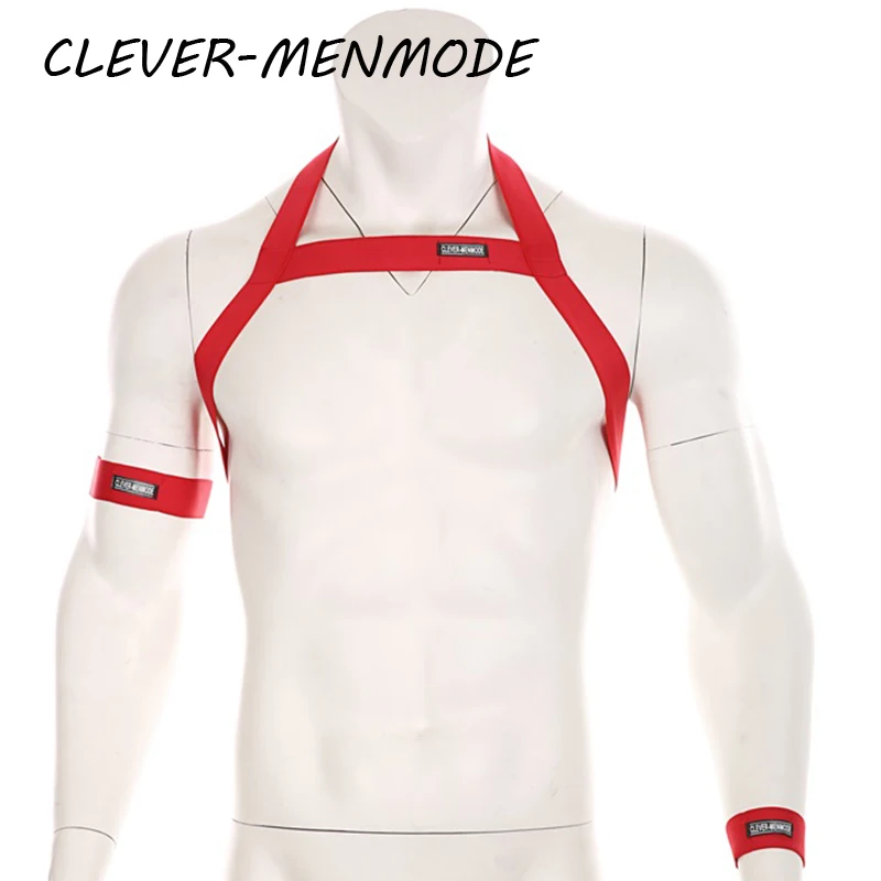 CLEVER-MENMODE Men\'s Sexy Harness Set BDSM Bondage Elastic Body Belt with Armband Wristband Chest Neck Halter Club Nightwear