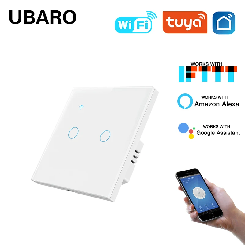 Interruptor de luz de pared inteligente UBARO Tuya, 2 entradas, WIFI, funciona con el asistente de Google, botones de Sensor de Control de voz Alexa Yandex Alice