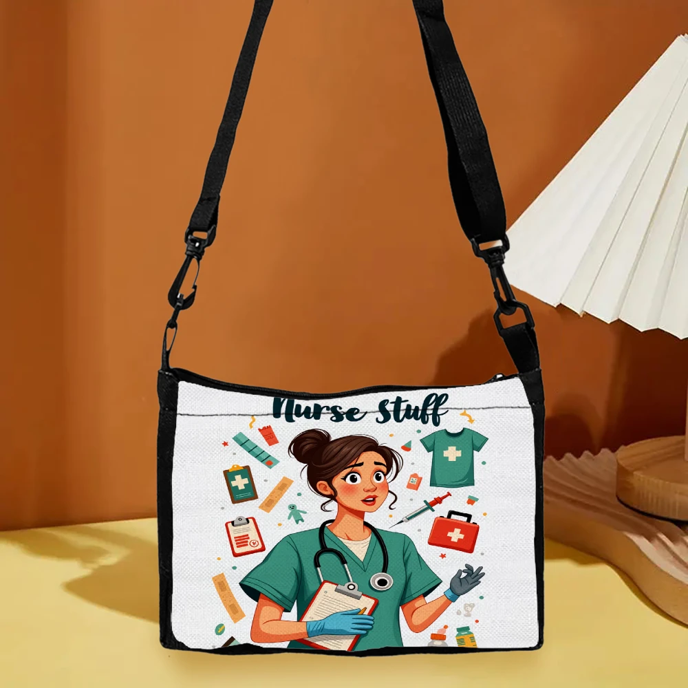 Nurse Stuff Crossbody Bag White Nurse Cartoon Print With Medical Supplies And Text Shoulder Bags For Nurses Healthcare Workers H