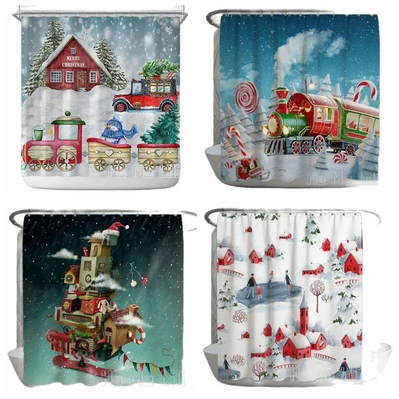 Cartoon Christmas Train And Candies Shower Curtain By Ho Me Lili Snowy Town Fantasy House Waterproof Winter Decorative