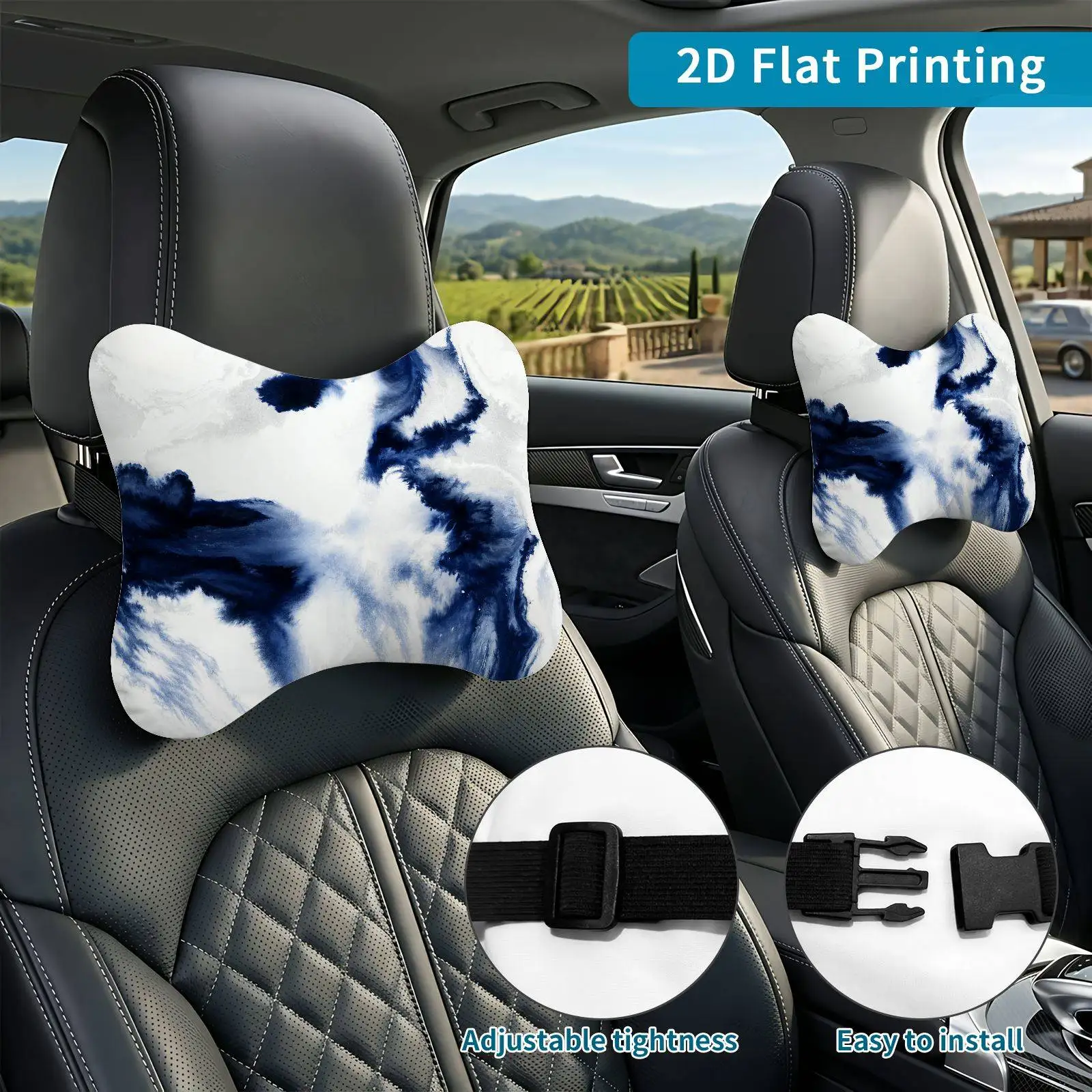 2pcs Blue Abstract Marble Car Seat Headrest, Neck Support Cushion, Suitable For All Seasons Of Car Additions, Oceanic Theme, Tra