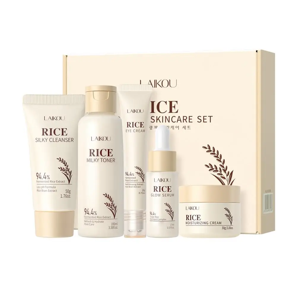 Set de Cuidado Facial de Arroz para Mujeres y Niñas con Limpiador, Tónico, Sérum, Sérum para Ojos, Crema Hidratante, Regalo Nutritivo para el Cuidado Diario de la Piel