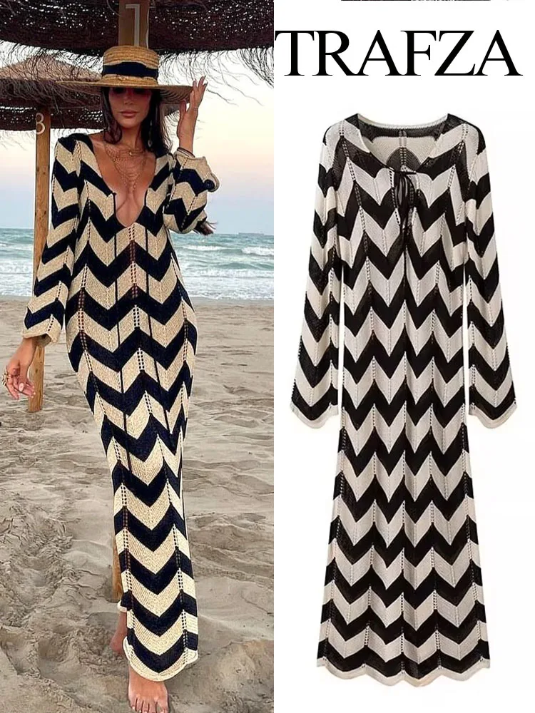 

TRAFZA Summer Fashion Women Dresses Black Wavy Stripe O-Neck Long Sleeves Hollow Out Lace-Up Decorate Female Beach Style Dresses