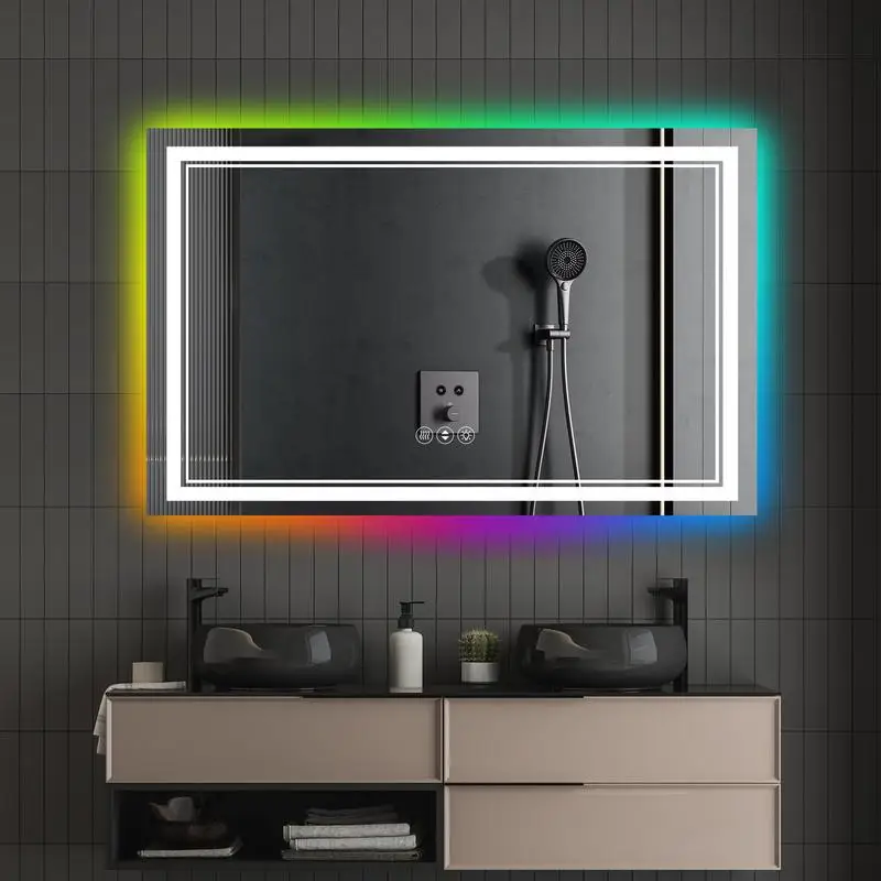 مرآة حمام ذكية LED بدون إطار مقاس 55 × 36 بوصة مع إضاءة خلفية RGB #1