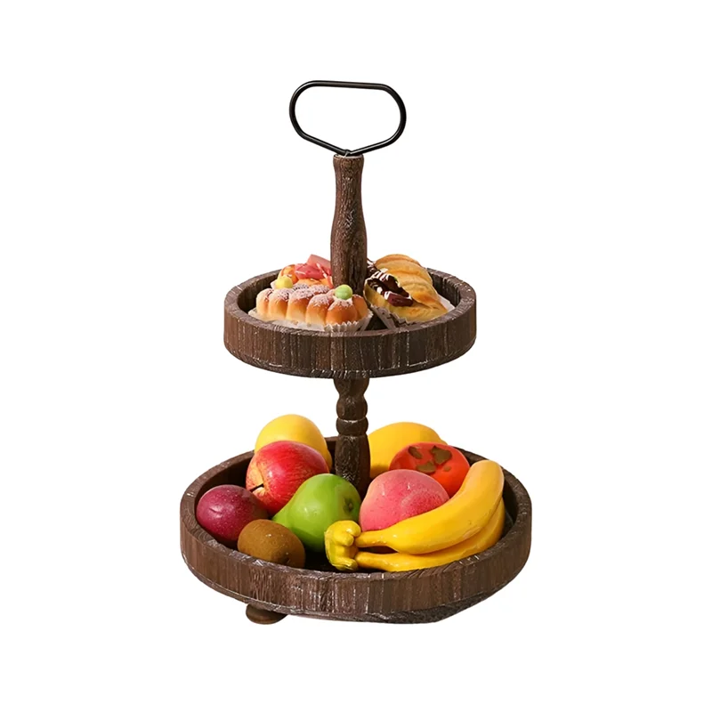 

ABRB-Rustic Style Wooden Tiered Tray, Farmhouse Decorative Tray, Round Tray With Metal Handles