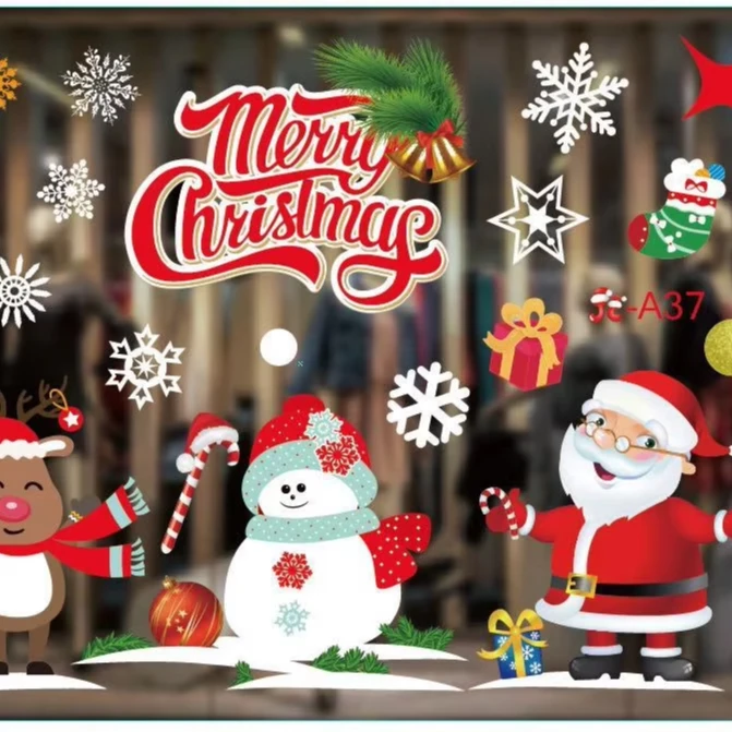 Hot Sale Santa Snowman Static Merry Christmas Window Glass Christmas Transparent Sticker