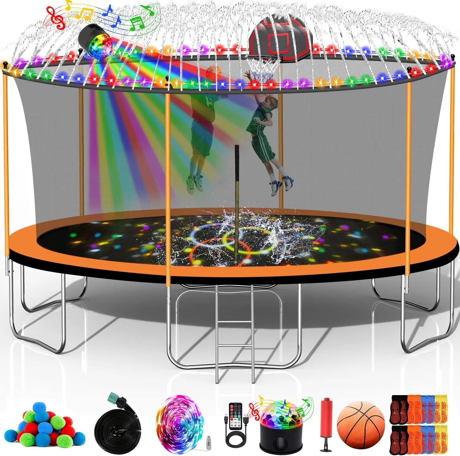 

10FT 16FT Heavy Duty Trampoline with Basketball and Enclosure Net Anti Rust Steel Poles