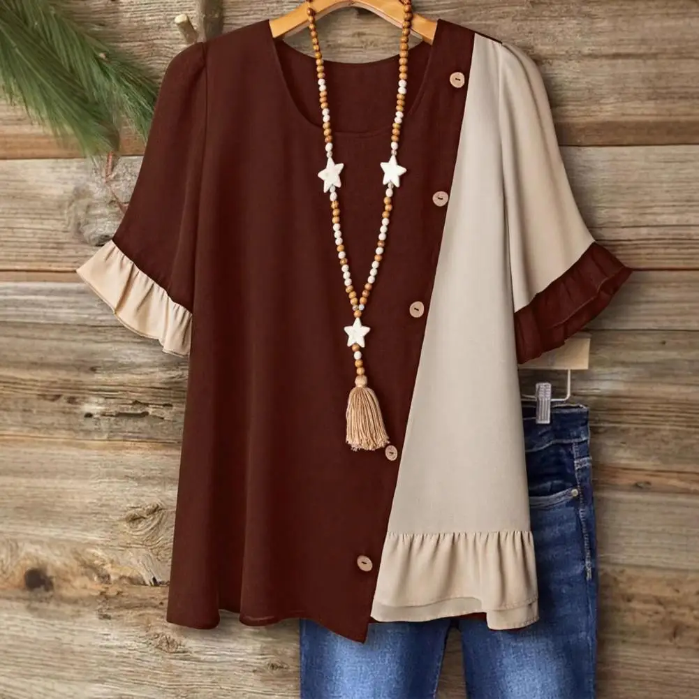 

2026 Women Tops Crew Neck Short Sleeve Pullover Tops with Irregular Ruffle Hem Block Design Buttons Decor Loose Fit Versatile Bl