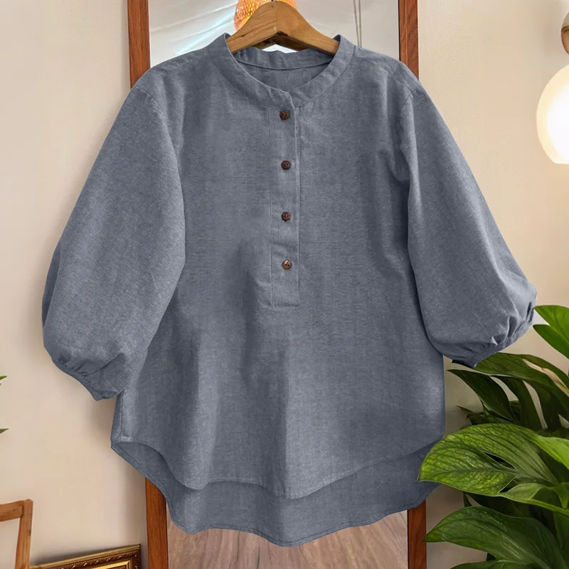 Vintage Women Blouse ZANZEA Summer Shirt Stand Neck 3/4 Sleeve Work Blusas Casual Solid Buttons Down Tops Mujer High Low Chemise