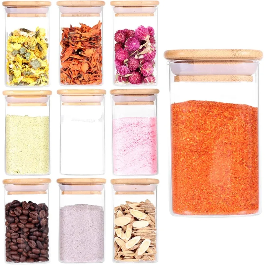 

10 Pcs Glass Spice Jars 8oz Empty Square Spice Storage Containers with Bamboo Airtight Lid and Labels Thickened Small Glass Can