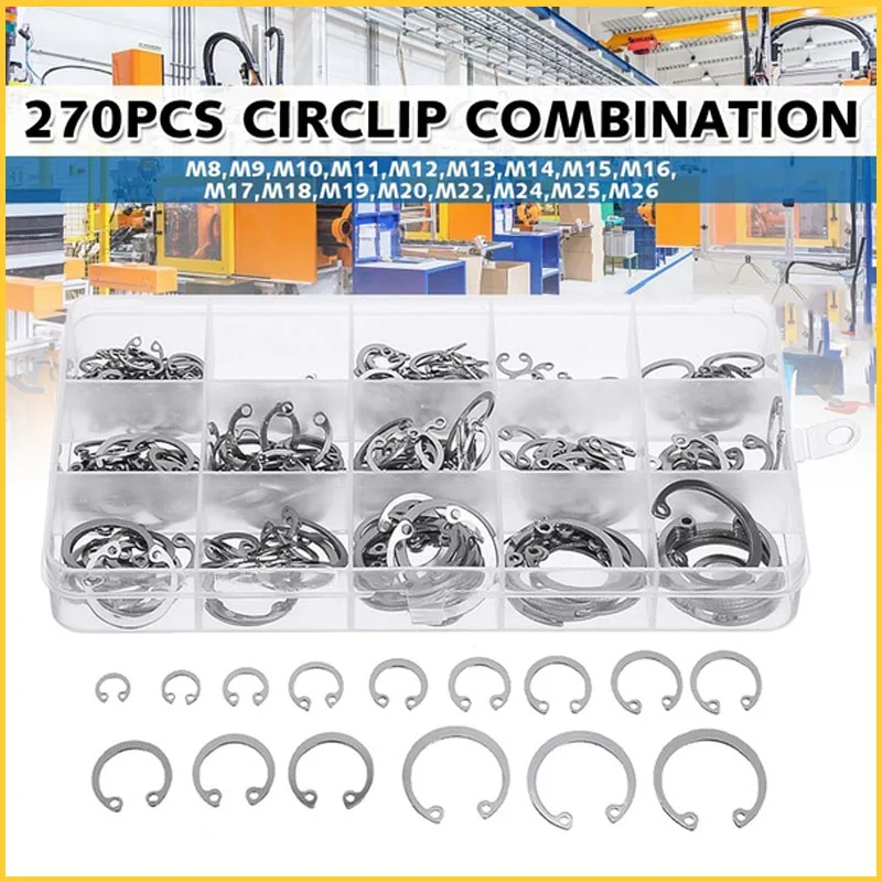 270 Pcs C-Type Circlip Internal And External Snap Retaining Ring Circlip Stainless Steel Shaft Bearing Assortment M8-M26 Kit Set