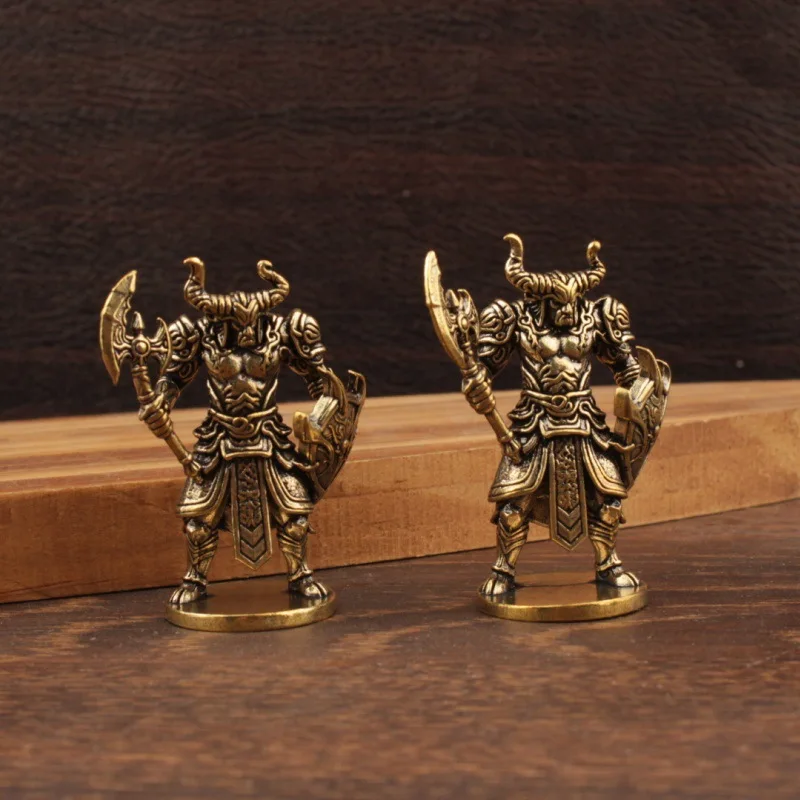 Vintage Brass Bull Warrior Figurine Bronze Horned Warrior Statue Miniature Mythical Brass Ornament Desktop Decor for Home Office