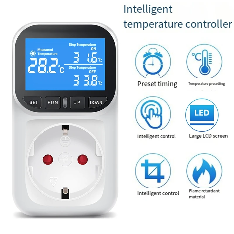 ABBN-Digital Temperature Controller Socket Outlet Thermostat With Sensor Probe Heating Cooling Switch Backlight EU Plug