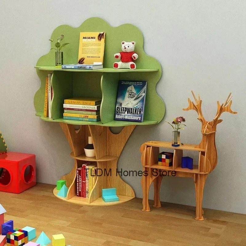 Creative Cartoon Children Bookshelf Standing Tree Shaped Storage Rack Kindergarten Bookcase Decorative Display Cabinet  Shelf