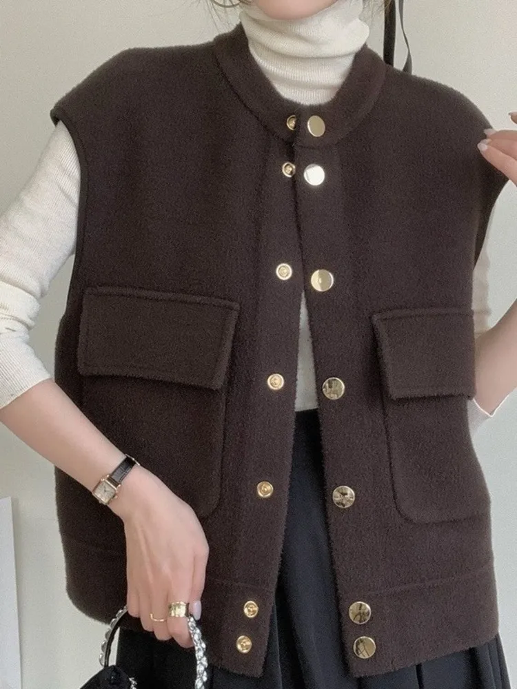 [EWQ] Korean Style Sleeveless Thick Woolen Waistcoats Single Breasted Fashion Basic Vest Women Autumn 2024 Winter New 16O1435