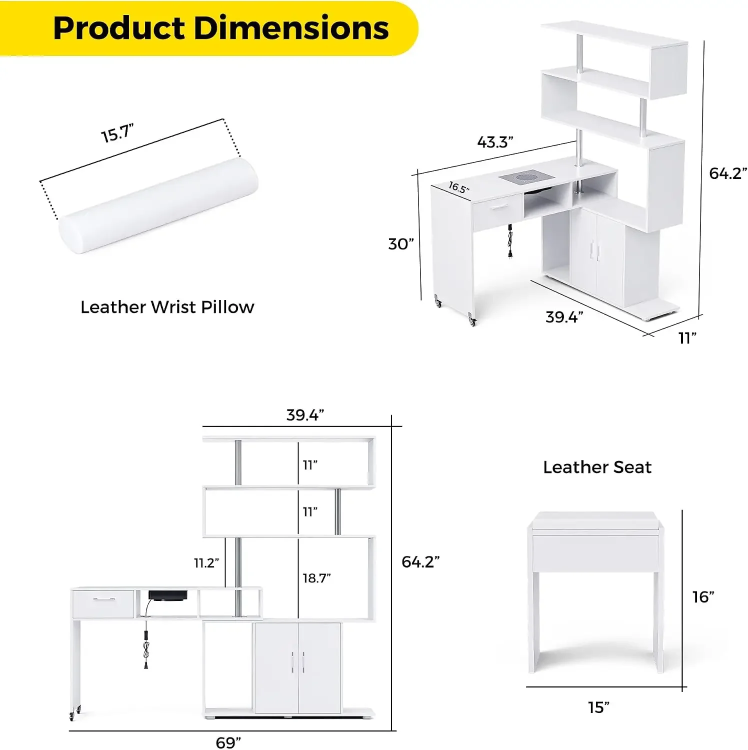 Manicure Table Nail Desk with Dust Collector, L-Shaped Nail Tech Desk with Stool, Two-Way Drawer, Cabinet&Storage Shelves(White)