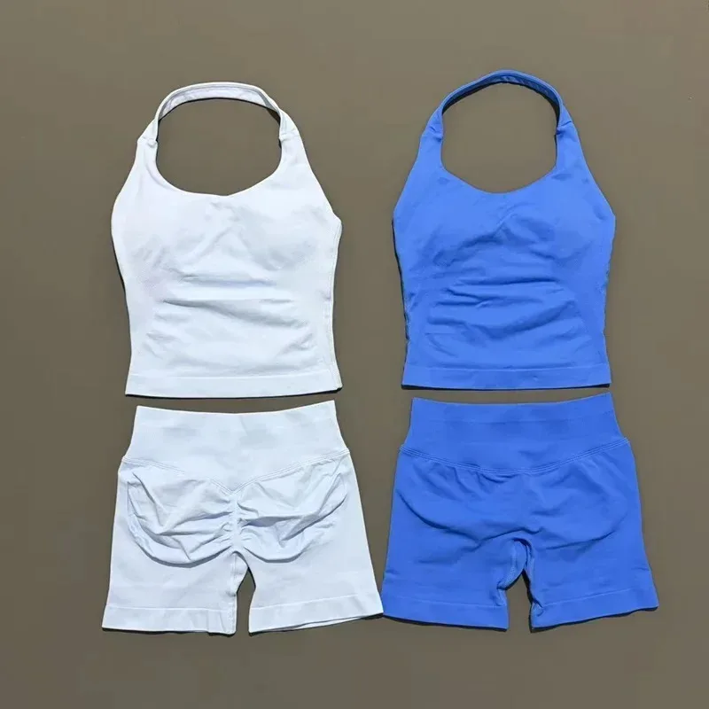 2 Pcs Gym Halter Top Strappy Bra Shorts Set Women Yoga Workout Clothes Seamless Vest Hip-Lifting Sports Leggings Gym Suit