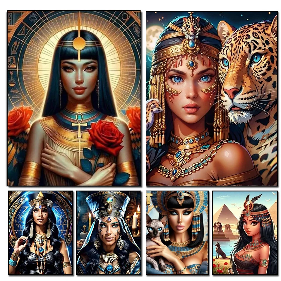 Pintura de diamantes de reina egipcia mágica, punto de cruz de joya artesanal, leyendas de pirámide, mosaico de diamantes de imitación redondo y cuadrado completo, 2024
