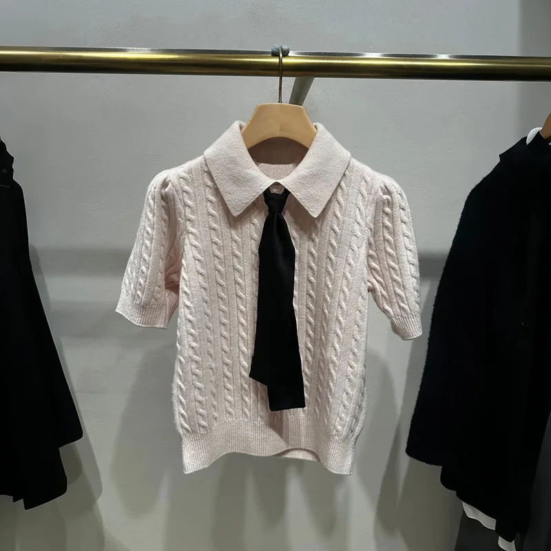 

【Gift Free】 2025 Fall Winter Sweet Color-Block Bow Polo Collar Cable Knit Short Sleeve Sweater