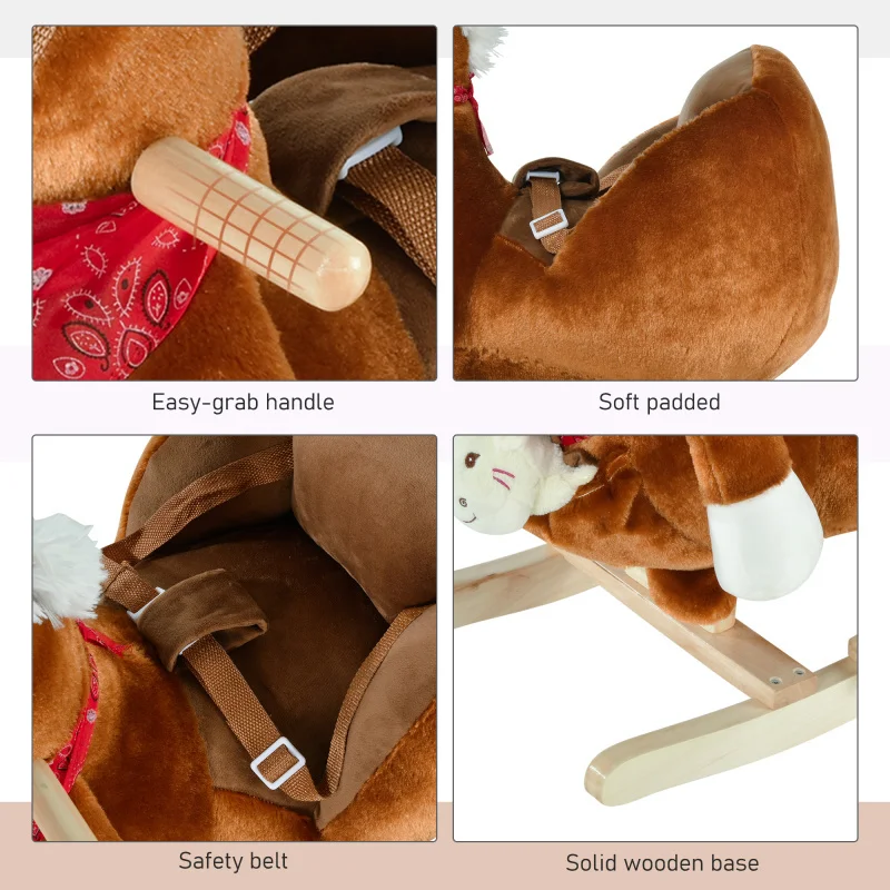 

Kids Plush Rocking Horse Toy with Music Function Brown Stuffed Animal Rocker with Wooden Base Squeeze Ear for Lullaby Safety
