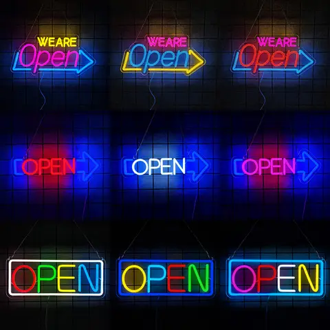 Letreiro Neon 'We Are Open', Placas de LED para Decoração de Parede, Alimentado por USB para Vitrines, Cafeterias, Lojas, Bares, Clubes e Hotéis
