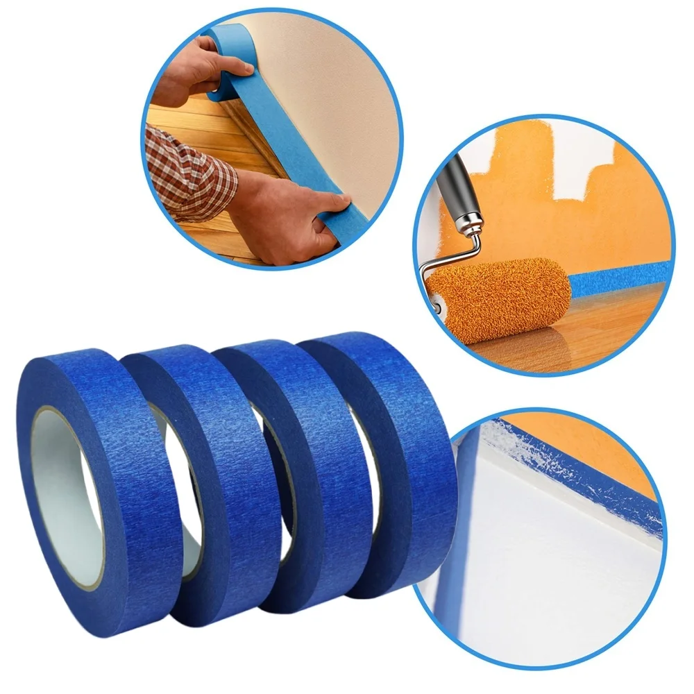 4 Rollen/Set blaues, robustes Maler-Abdeckband, wetterbeständig, für Malprojekte im Innen- und Außenbereich, kein Rückstände, linkes Klebeband