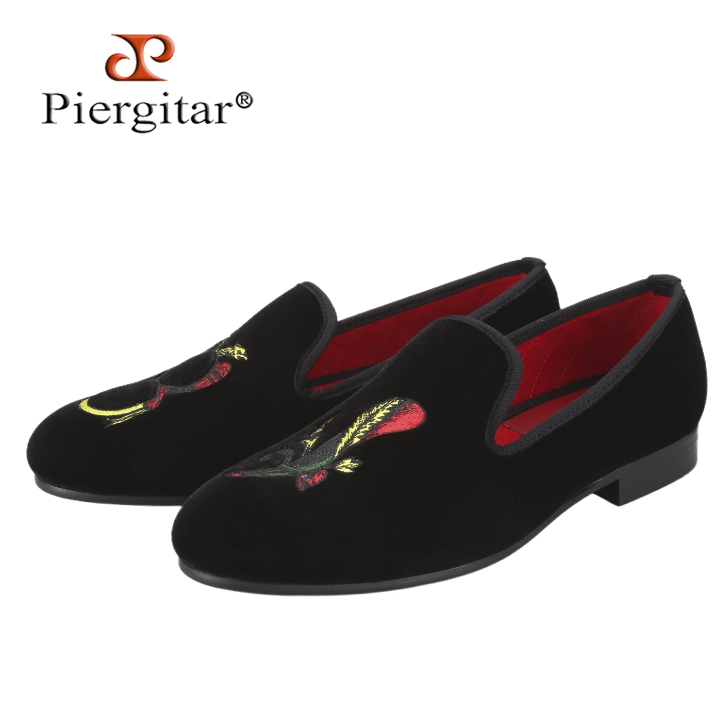 Piergitar Brand Men's Loafers With Embroidered Uppers In Different Patterns Black Velvet Slip-On Slippers For Party Suit Styling