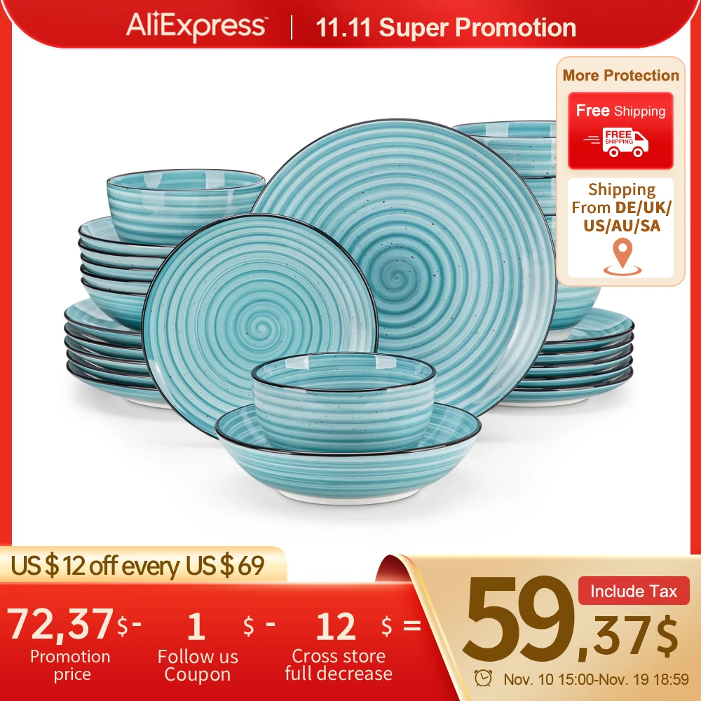 

vancasso 24/48 Piece Blue Plates Dinner Sets Two-Sided Dinnerware Sets Handpainted Spiral With 6 Dinner Plate/Dessert/Soup/Bowl
