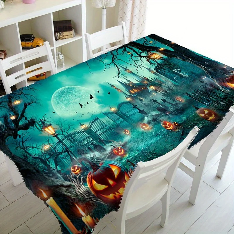 Jit 1 piece Halloween 3D full moon horror church polyester tablecloth suitable for themed party and dinner table decoration