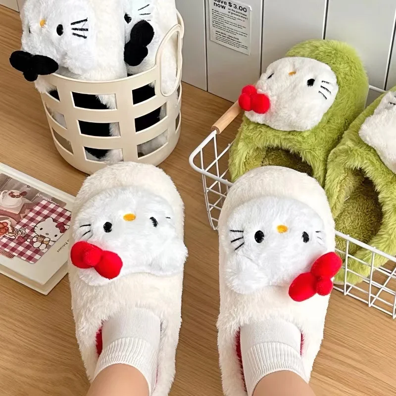 Sanrio Plush Slippers Hello Kitty Kawaii Cute Student Autumn Winter Bedroom Soft Padded Plush Bedroom Aldult Shoes Girls Xmas