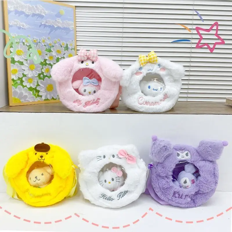 

Hello Kitty Kuromi Anime Kawaii Sanrio Plush Doll Storage Bag Cute Cartoon Cinnamoroll Zipper Soft JK Crossbody Gifts for Girls