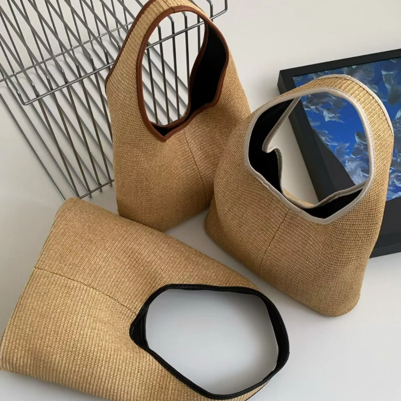 

Ретро-сумка-тоут из плетеной соломки, большая вместительная пляжная сумка для путешествий и отпуска, французская простая повседневная универсальная экологичная сумка на плечо