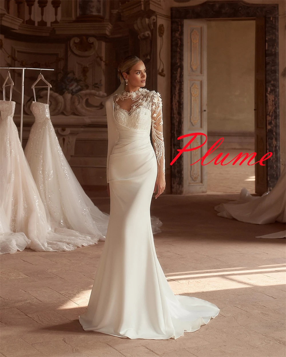 

Customized Exquisite White Satin Bridal Gowns Simple Crew Neck Long Sleeves Wedding Dress Chapel Train Zipper Back Mermaid Dress