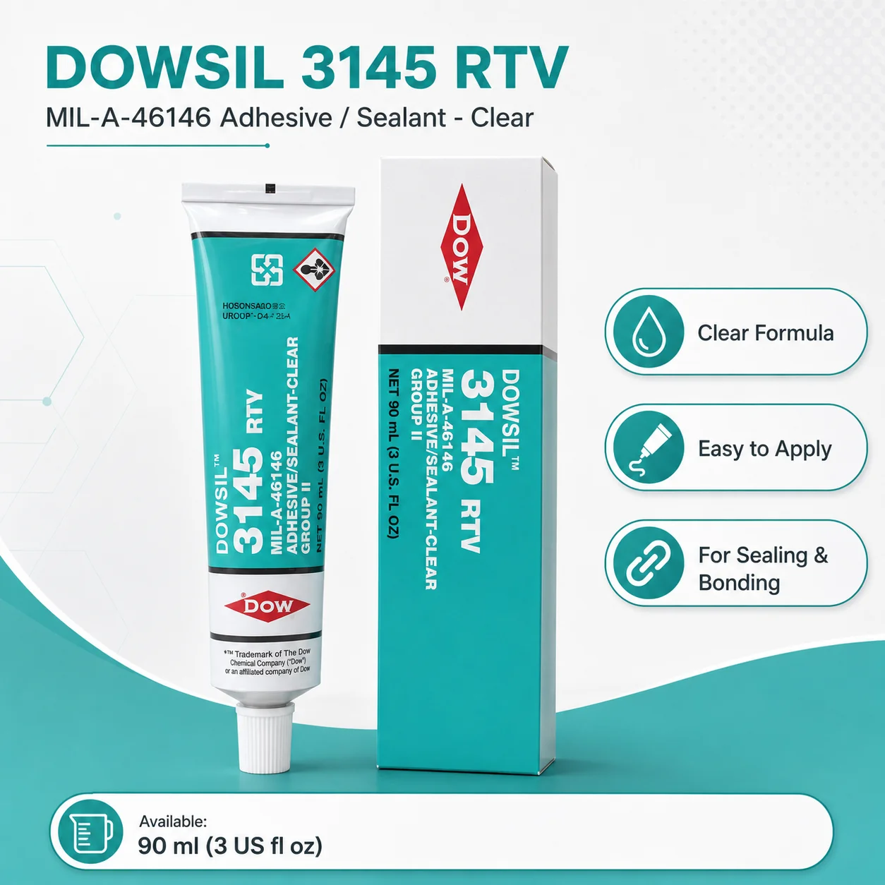 

Original DOWSIL 3145 RTV Clear Silicone Adhesive Sealant 90ml MIL-A-46146 Waterproof Glue for Electronics Glass Metal Repair