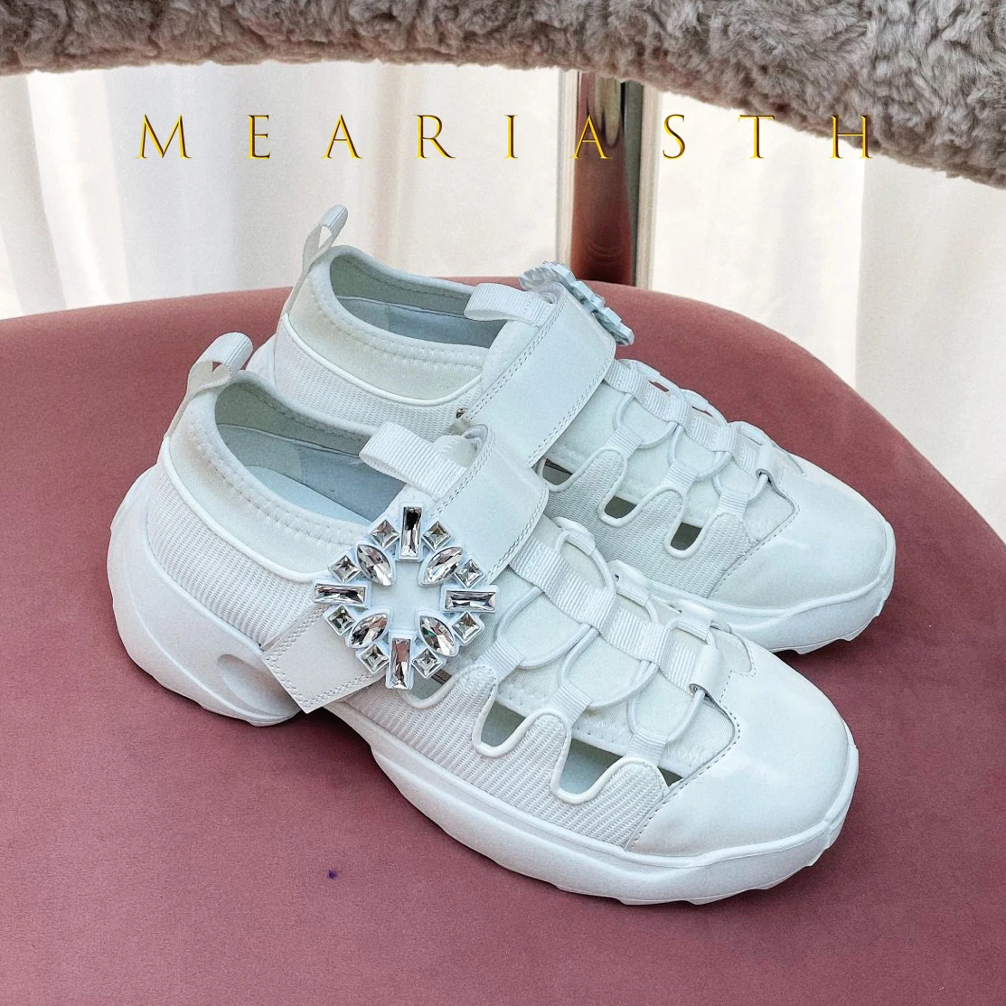 

Luxury Designer Women Sneakers Fashion Rhinestones All Match Casual Trainers Chunky Heel Hook Loop Hollow Out Runway Sport Shoes