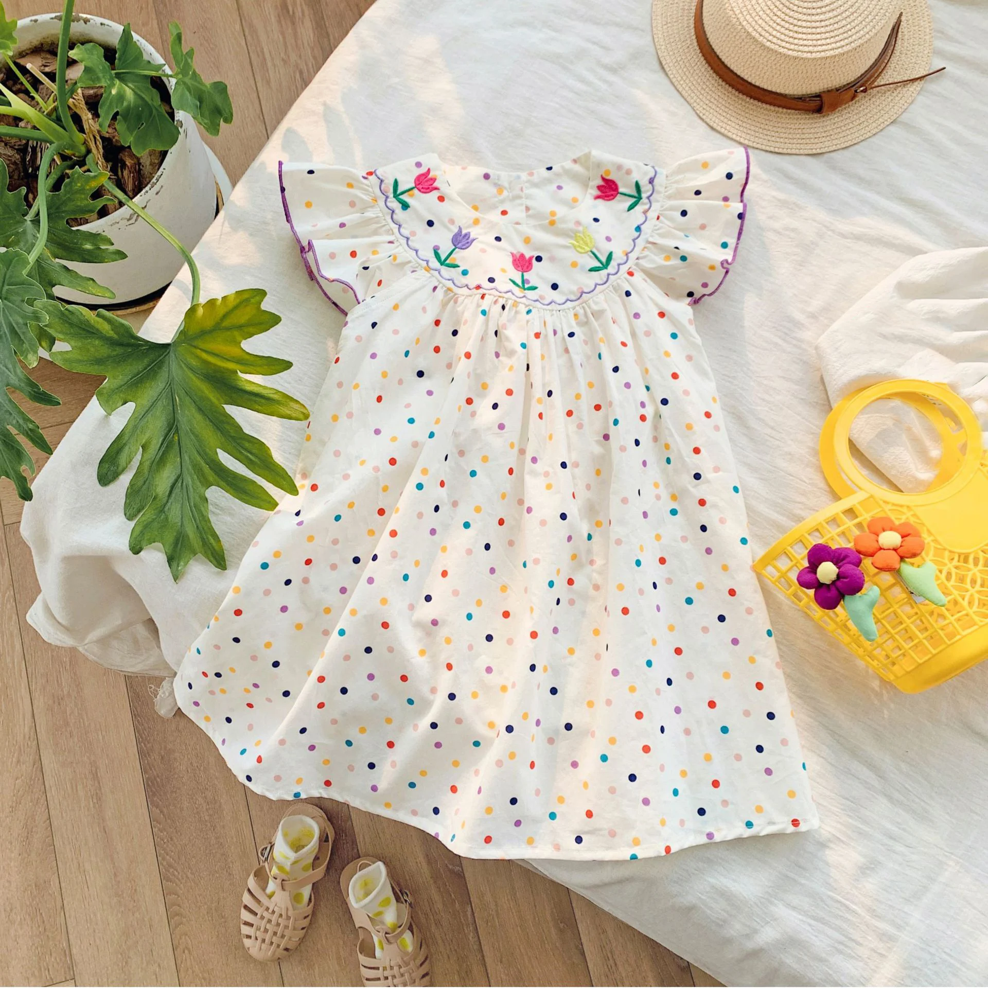 Humor Bear Children\'s Clothes Girl Dress Korean Embroidery Flying Sleeve Dress Sweet Colorful Polka Dot FPrincess Dress For 2-7Y