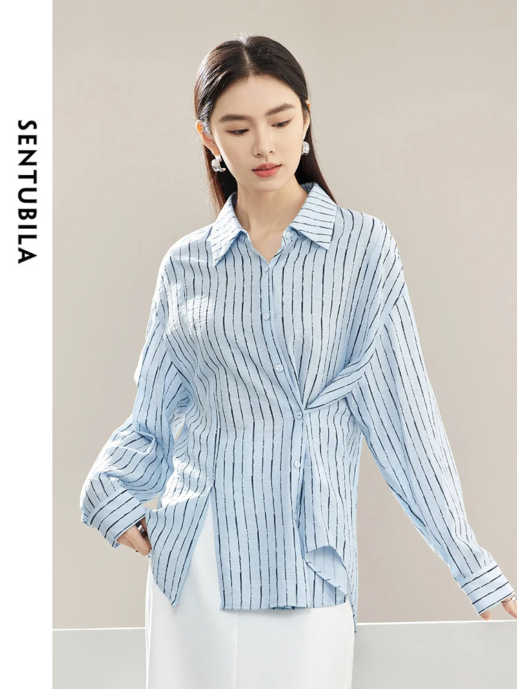 SENTUBILA Contrast Striped Thin Loose Button Up Shirt 2024 Spring Fashion Split Polo Collar Blouse Woman Clothing 141C53353