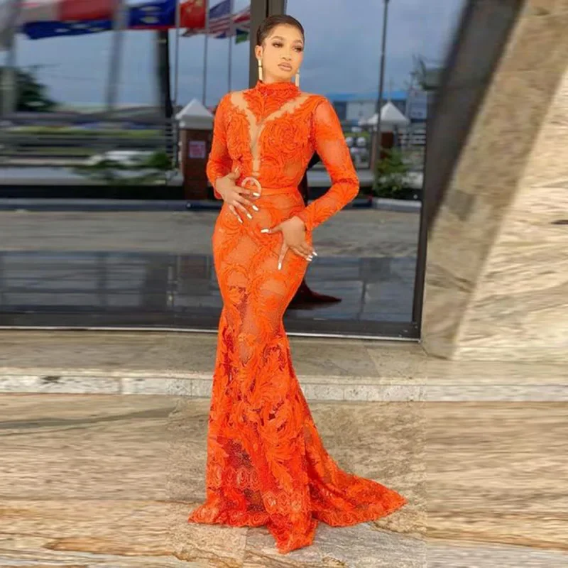 Hoge hals lange mouwen doorzichtige galajurk dames bruiloft jurk jurken oranje kant zeemeermin avondjurken