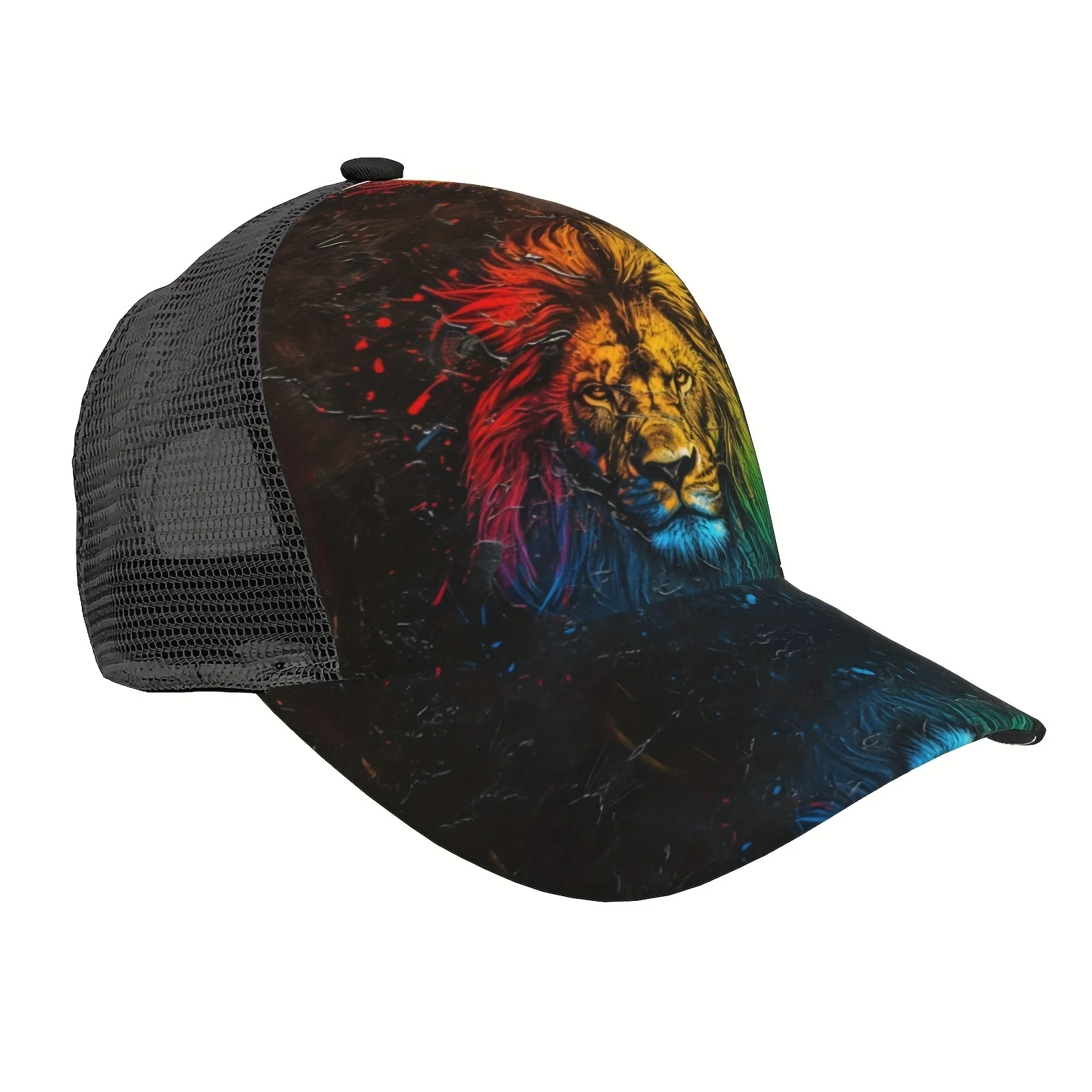 Adjustable Trucker Hat - Unisex Polyester Mesh Baseball Cap - Funky Lion Print Hand Washable Summer Snapback Dad Hat