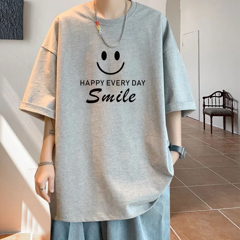 Cotton Men's T-shirt Fashionable Trend Smiling Face Pattern Oversized White Clothing Pure Breathable Aesthetic Dress Up HIP HOP